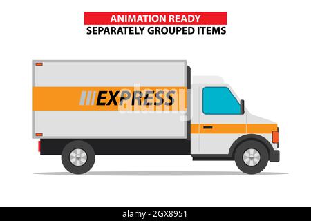 Furgone consegna bianco Servizi di consegna espressa camion commerciale. Illustrazione vettoriale a colori uniforme e uniforme. Illustrazione Vettoriale