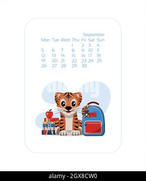 Calendario modello di disegno per il 2022 anno di Tiger blu cinese nuovo anno. Illustrazione piatta dello stock di settembre Vector. Mesi cartoni animati per il calendario Illustrazione Vettoriale