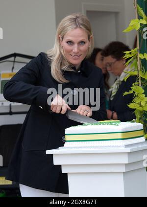 Zara Phillips taglia una torta per segnare 50 anni di prodotti John Deere durante il Chelsea Flower Show press e VIP preview Day il 20 maggio 2013. Foto Stock