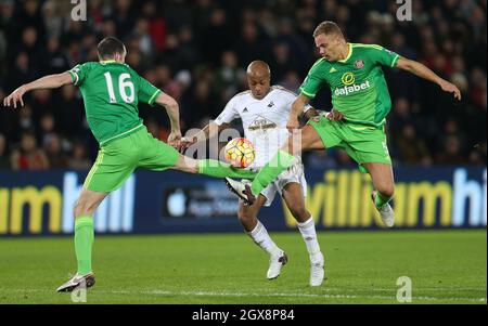 Andre Ayew di Swansea City (centro) è sfidato da John o'Shea di Sunderland (a sinistra) e Wes Brown durante la partita della Barclays Premier League al Liberty Stadium di Swansea. PREMERE ASSOCIAZIONE foto. Data foto: Mercoledì 13 gennaio 2016. Vedi la storia della Pennsylvania SOCCER Swansea. Il credito fotografico deve essere: David Davies/PA Wire. RESTRIZIONI: SOLO USO EDITORIALE Nessun utilizzo con audio, video, dati, liste di fixture, logo club/campionato o servizi 'live' non autorizzati. L'uso online in-match è limitato a 75 immagini, senza emulazione video. Nessun utilizzo nelle scommesse, giochi o pubblicazioni di singoli club/campionati/giocatori. Foto Stock