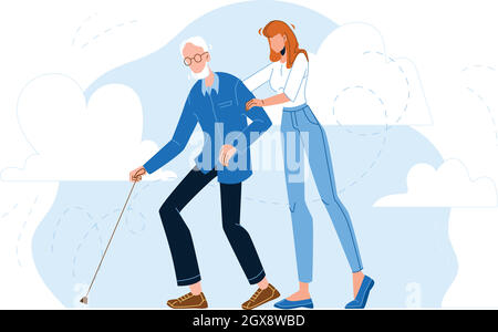Infermiere con vettore uomo anziano che cammina Illustrazione Vettoriale