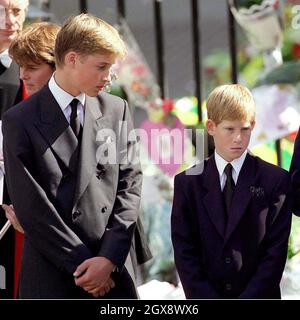 I principi William e Harry all'Abbazia di Westminster per il funerale della Diana, la Principessa del Galles il 6 settembre 1997. Foto. Anwar Hussein Foto Stock