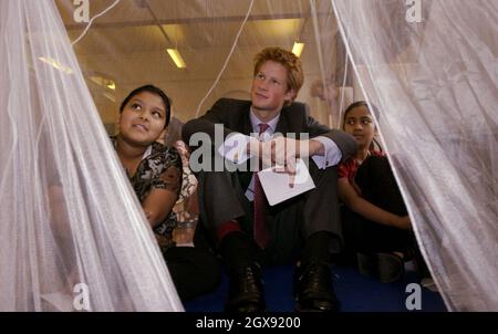 Il principe Harry siede in una zanzariera durante una visita alla scuola di Osmani a Whitechapel, Londra, . Alla scuola, ha partecipato ad una lezione pratica in collaborazione con la beneficenza Merlin, in cui gli allievi hanno appreso le questioni sanitarie che le persone del terzo mondo devono affrontare. Il principe, che ha girato 18 il 15 settembre, stava trascorrendo la giornata visitando le associazioni di beneficenza e le cause che intende sostenere. Foto Stock