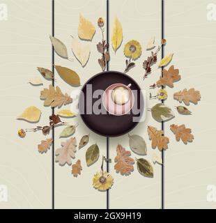 Tazza di cappuccino o latte sulla vista dall'alto. Illustrazione autunnale. Foglie d'autunno. Tè alle erbe. Illustrazione vettoriale. Foto Stock