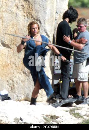 Brad Pitt sul set di Troia a Malta. Foto Stock