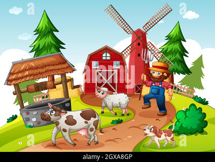 Agricoltore con fattoria animale in scena fattoria in stile cartone animato Illustrazione Vettoriale