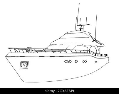 Profilo di uno yacht da linee nere isolate su sfondo bianco. Vista laterale. Illustrazione vettoriale. Illustrazione Vettoriale