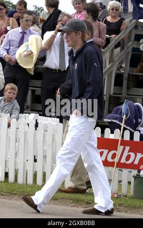 Foto di archivio del principe Harry ad una partita di polo nel luglio 2003. Il principe dei 'playboy' ha fatto i titoli ancora una volta, dopo aver partecipato ad una festa di vestito con una svastica nazista sul suo braccio. Lo scandalo più recente segue una successione di incidenti che hanno visto il principe di 20 anni catturato fumare cannabis come adolescente al suo più recente lotteria nightclub con un fotografo paparazzi. Anwar Hussein/allactiondigital.com Foto Stock