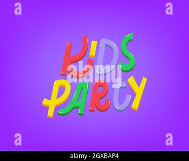 Etichetta con lettere vettoriali per il partito dei bambini. Testo colorato per bambini in stile cartone animato Illustrazione Vettoriale