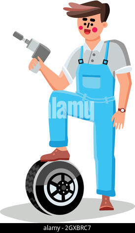 Cambio pneumatici Garage Car Service Worker Man Vector Illustrazione Vettoriale