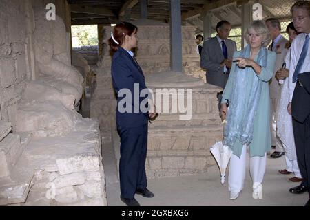 Camilla, duchessa di Cornovaglia, che indossa un tradizionale shalwarkameez, visita Jaulian, un sito archeologico patrimonio dell'umanità a Taxila vicino Islamabad, Pakistan il 31 ottobre 2006. Anwar Hussein/EMPICS Entertainment Foto Stock