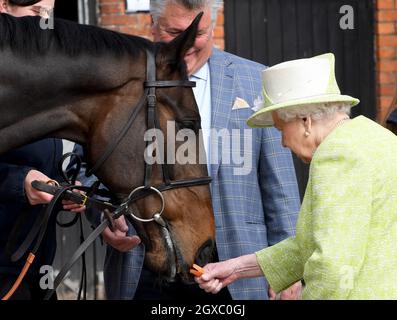 La regina Elisabetta II nutre una carota ad un cavallo, guardato dall'addestratore Paul Nicholls, durante una visita alle scuderie della fattoria del Maniero a Ditcheat, Somerset il 28 marzo 2019. Foto Stock