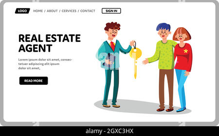 Agente immobiliare dare la chiave della casa al vettore dei compratori Illustrazione Vettoriale