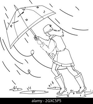 Meteo Rain Day Walking Girl with Umbrella Vector Illustrazione Vettoriale