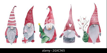 Acquerello natale gnomes nordic illustrazione banner design carino gnome per Natale e Capodanno Foto Stock