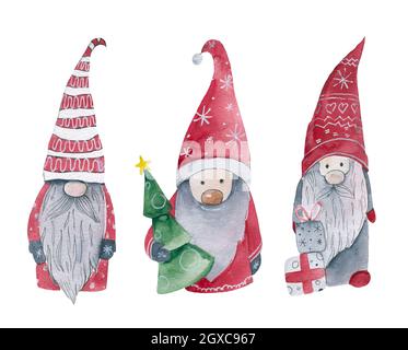 Acquerello natale gnomes nordic illustrazione banner design carino gnome per Natale e Capodanno Foto Stock