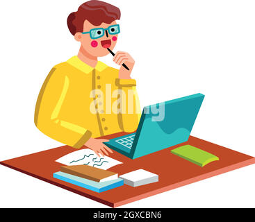 Writer Man che lavora alla scrivania con laptop Vector Illustrazione Vettoriale