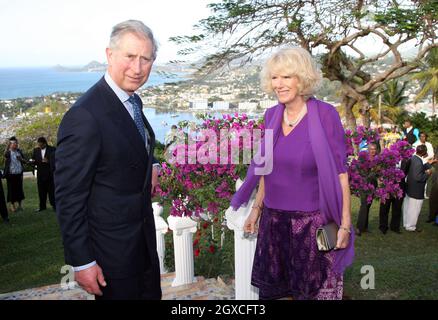 Il Principe Carlo, Principe di Galles e Camilla, Duchessa di Cornovaglia posa nei giardini della residenza del Governatore Generale a Castries, St. Lucia il 7 marzo 2008. Foto Stock