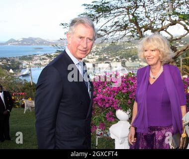 Il Principe Carlo, Principe di Galles e Camilla, Duchessa di Cornovaglia posa nei giardini della residenza del Governatore Generale a Castries, St. Lucia il 7 marzo 2008. Foto Stock