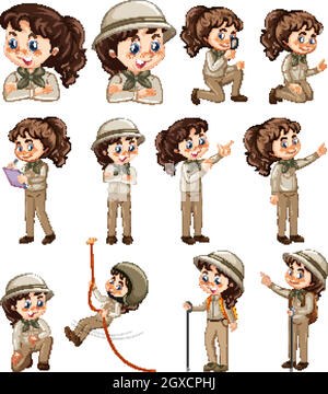 Set di ragazza in costume safari facendo cose diverse Illustrazione Vettoriale