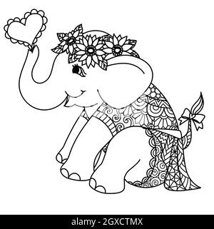 Baby ragazza elefante indossare corona di girasole e abito mandala per la stampa su carta, libro da colorare, pagina da colorare, taglio laser, incisione e così via. Vettore i Illustrazione Vettoriale