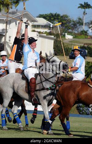 Il principe Harry suona nella Sentebale Polo Cup inaugurale al club di polo di Apes Hill alle Barbados il 31 gennaio 2010. La Sentebale Polo Cup intende contribuire alla raccolta di fondi per sostenere i bambini vulnerabili del Lesotho. Foto Stock