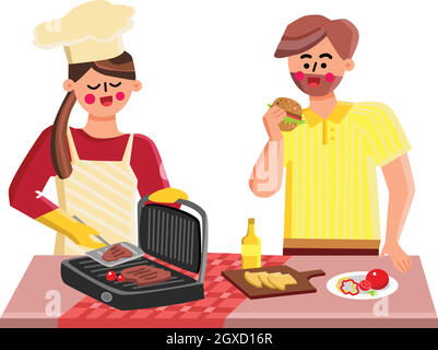 Indoor Grill Fry Meat Girl and Boy Together Vector Illustrazione Vettoriale