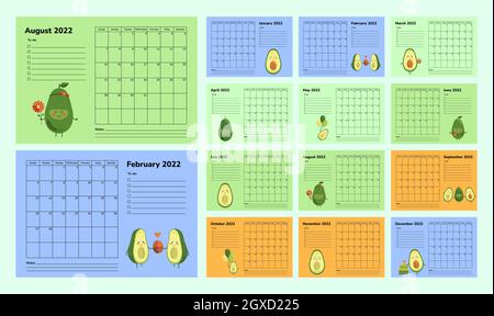 Calendario orizzontale o pianificatore 2022 con avocado. Set di 12 pagine mensili. Modello di vettore orario Scheduler. Simpatici personaggi dei cartoni animati. Cibo sano Illustrazione Vettoriale