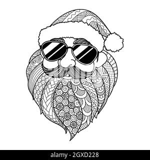 Babbo natale con occhiali da sole, Natale nel concetto di luglio. Illustrazione vettoriale per la colorazione di pagine, incisione, taglio laser o stampa sul prodotto. Illustrazione Vettoriale