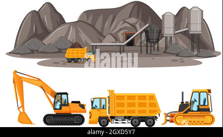 Settore minerario del carbone con diversi tipi di autocarri da costruzione Illustrazione Vettoriale