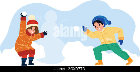 I bambini giocano con Winter Snow Balls Together Vector Illustrazione Vettoriale