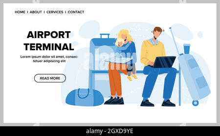 Aereo in attesa di famiglia nel Terminal Vector dell'aeroporto Illustrazione Vettoriale