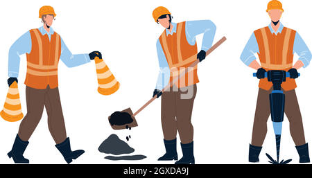 Illustrazione vettoriale del Road Worker Repairing Street Infrastructure Illustrazione Vettoriale