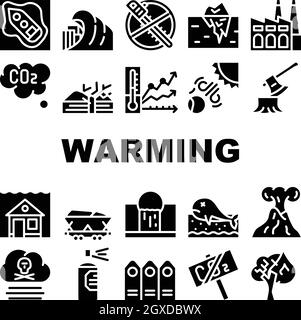 Global Warming Problem Collection Icons Imposta vettore Illustrazione Vettoriale