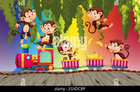 Scimmie personaggio cartoon su arcobaleno gradiente sfondo illustrazione Illustrazione Vettoriale