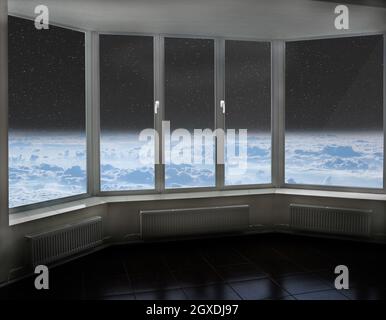Finestra della camera con vista sullo spazio sopra l'atmosfera e il cosmo della Terra. Camera accogliente con vista cosmica dalla finestra. Cielo blu sulla Terra visto dalla finestra Foto Stock