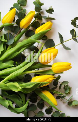 Bella tulipani gialli con rami di eucalipto su un tavolo bianco Foto Stock