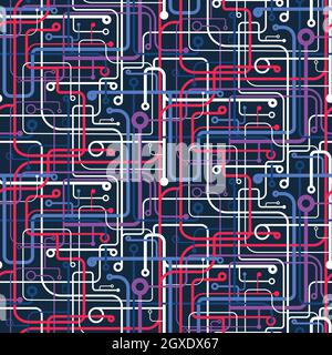 Composizione geometrica astratta di linee e cerchi intersecanti. Cinque colori + sfondo. Ripetizione continua. Illustrazione vettoriale. Illustrazione Vettoriale