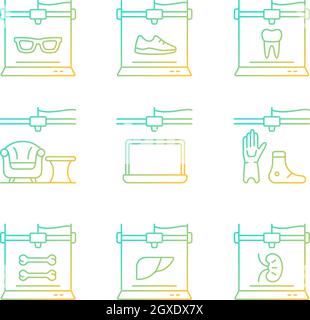Icone vettoriali lineari gradiente di produzione additiva impostate Illustrazione Vettoriale