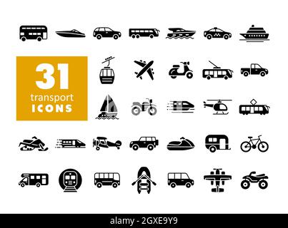 Insieme di icone di glifo piatto del vettore di trasporto. Simbolo grafico per siti web di viaggi e turismo e applicazioni design, logo, app, UI Foto Stock