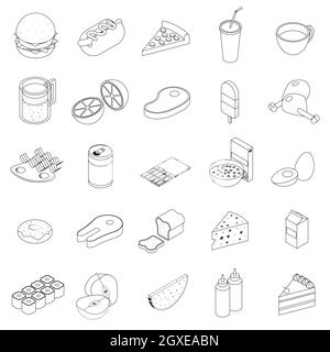 Icone degli alimenti impostate in stile 3D isometrico su sfondo bianco Foto Stock