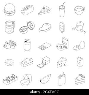 Icone degli alimenti impostate in stile 3D isometrico su sfondo bianco Foto Stock