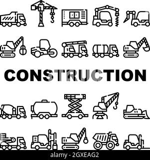 Icone di raccolta veicoli da costruzione immagine isolata impostata Illustrazione Vettoriale