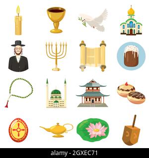 La religione set di icone in stile cartoon isolati su sfondo bianco Foto Stock