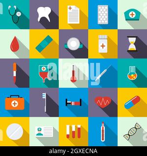 Icone delle apparecchiature mediche impostate in stile piatto per qualsiasi design Foto Stock