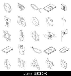 Icone di simboli religiosi impostate in stile 3D isometrico su sfondo bianco Foto Stock