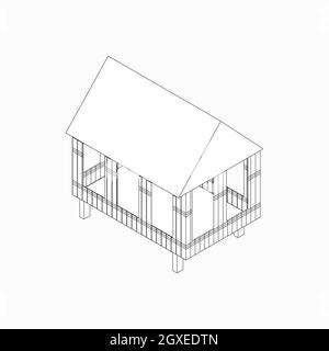 Casa in bambù su palafitte icona in stile 3D isometrico isolato su sfondo bianco Foto Stock