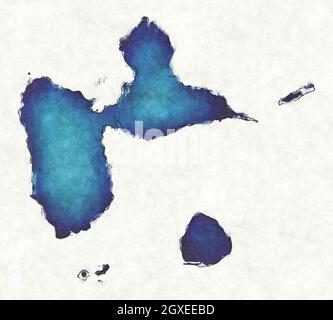 Mappa della Guadalupa con linee tracciate e illustrazione blu dell'acquerello Foto Stock
