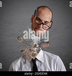 Concetto di stress e lavoro eccessivo. Esplosione di una testa di un uomo d'affari stanco Foto Stock