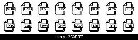 Icone dei formati di file eBook. Vari formati di ebook file. Serie di icone lineari. Illustrazione vettoriale. Illustrazione Vettoriale